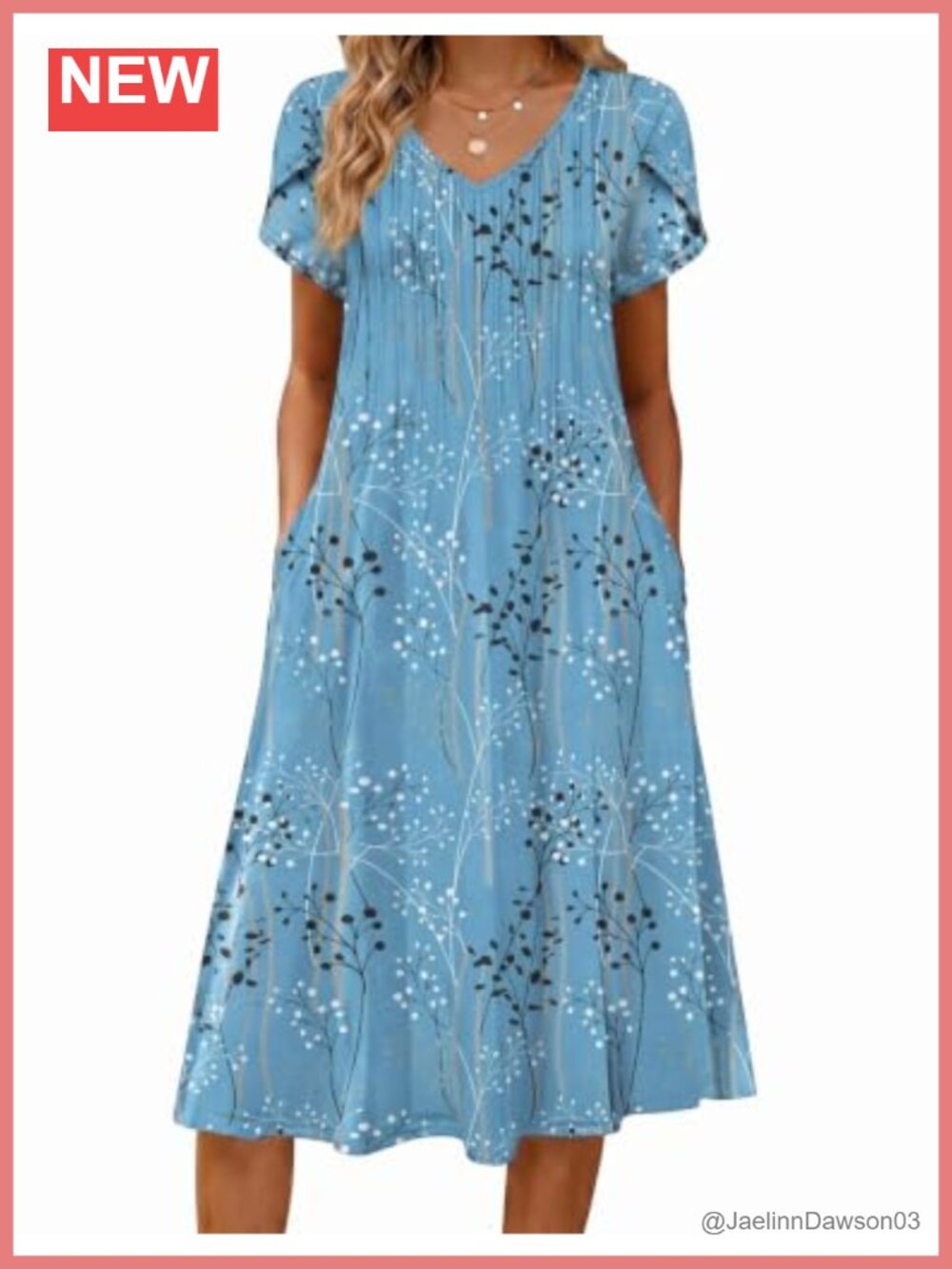 Pleated Midi A-Line Boho Sundress with Pockets Flowy Short Sleeve Beach Dress